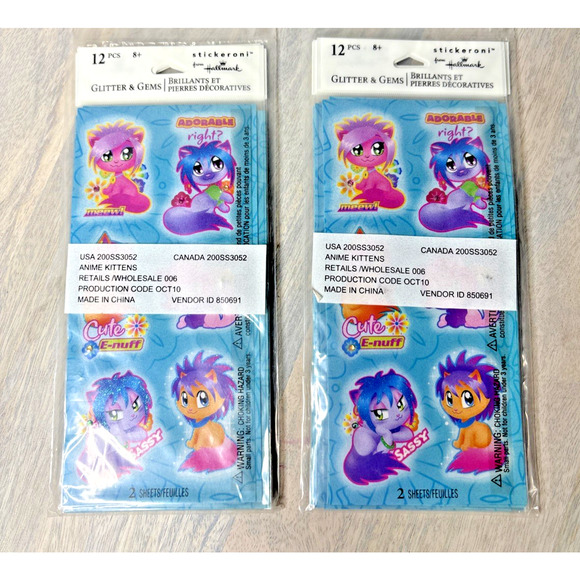 Hallmark Glitter & Gems Anime Kittens Stickers Sealed Vintage 90s Cute Cat Sheet - Picture 1 of 3
